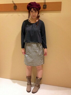 「ボーダースカート」｜「アイテム（ハンチング/ベレー帽）」を使った、ikka HEAD OFFICE Women'sさん（レディース・158cm）の秋コーディネート