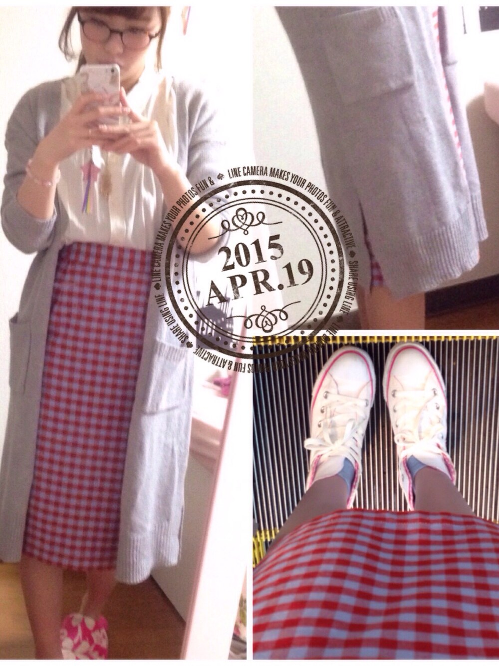 その他のスカート、ホワイト系のシャツ/ブラウス、グレー系のカーディガン/ボレロを着用したレディースの春コーディネートの1枚目の写真