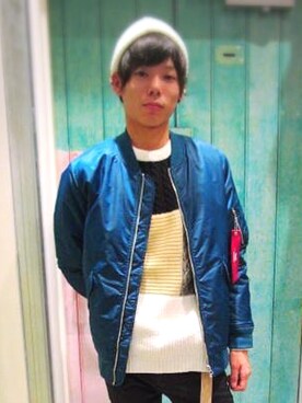 「ニットキャップ」｜「アイテム（MA-1）」を使った、shunさん（メンズ・178cm）の秋コーディネート