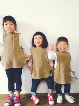 「koreaのアイテム（ベスト、ベージュ系）」を使った、pooooocoさん（キッズ）の秋コーディネート