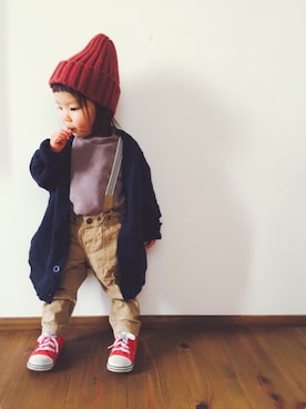 「Birthday（バースデイ）のアイテム（カーディガン/ボレロ、ブルー系）」を使った、pooooocoさん（キッズ）の冬コーディネート