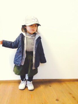 「無印良品（ムジルシリョウヒン）のアイテム（ジャケット/アウター、ブルー系）」を使った、pooooocoさん（キッズ）の冬コーディネート