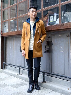 「initial（イニシャル）のアイテム（チェスターコート）」を使った、charles lamさん（メンズ・178cm）の冬コーディネート