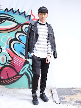 「TOPMAN（トップマン）のアイテム（ライダースジャケット）」を使った、charles lamさん（メンズ・178cm）の冬コーディネート