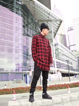 「TOPMAN（トップマン）のアイテム（帽子）」を使った、charles lamさん（メンズ・178cm）の冬コーディネート