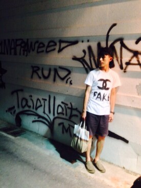 「アイテム（モカシン/デッキシューズ、グリーン系）」を使った、you-linさん（メンズ・173cm）の夏コーディネート