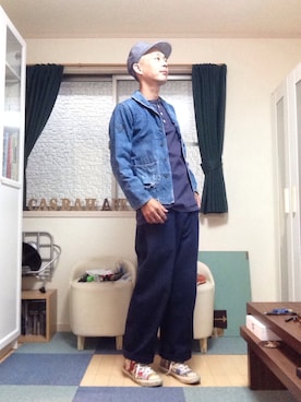「青いTシャツ」｜「アイテム（帽子）」を使った、せいsanさん（メンズ・177cm）の夏コーディネート