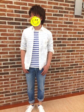 「Right-on（ライトオン）の【BACK NUMBER】無地リネンシャツ（シャツ/ブラウス、ホワイト系）」を使った、アラフィフが見えてきた。。。さん（メンズ・174cm）の春コーディネート