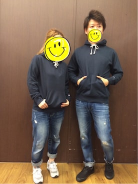 「Champion（チャンピオン）の【CHAMPION】無地スウェットパーカー（パーカー、ブルー系）」を使った、アラフィフが見えてきた。。。さん（メンズ・174cm）の秋コーディネート