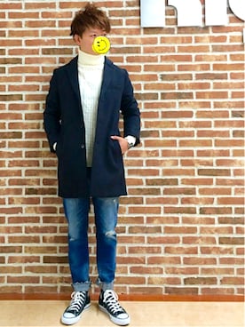 「Right-on（ライトオン）の【BACK NUMBER】チェスターコート（チェスターコート、ブルー系）」を使った、アラフィフが見えてきた。。。さん（メンズ・174cm）の秋コーディネート