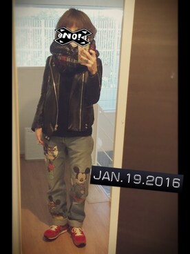 「RNA」｜「アイテム（ライダースジャケット）」を使った、もかちーのさん（レディース・156cm）の冬コーディネート