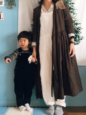 「petit main（プティマイン）のアイテム（サロペット/オーバーオール）」を使った、r_i_e_*さん（レディース・154cm）の冬コーディネート