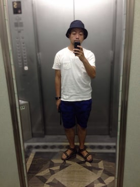 「green label relaxing（グリーンレーベルリラクシング）の[チャンピオン] CHAMPION BUCKET ハット（ハット、ブルー系）」を使った、Tatsuya Kubota/久保田竜弥さん（メンズ・175cm）の夏コーディネート