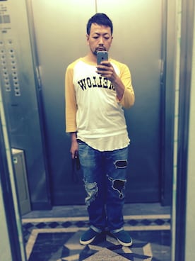 「NANO universe（ナノユニバース）のTMT別注 ユニセックスカラースリッポン（スニーカー、グリーン系）」を使った、Tatsuya Kubota/久保田竜弥さん（メンズ・175cm）の秋コーディネート