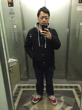 「WACKO MARIA（ワコマリア）のNYLON DAY BAG（バックパック/リュック、ブラック系）」を使った、Tatsuya Kubota/久保田竜弥さん（メンズ・175cm）の冬コーディネート