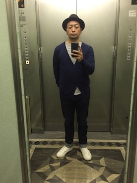 「wjk 1 mile（ダブルジェイケイワンマイル）の【wjk】Angora Mix Cardi（カーディガン/ボレロ、ブルー系）」を使った、Tatsuya Kubota/久保田竜弥さん（メンズ・175cm）の秋コーディネート