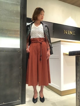 「透かし編みニット」｜「アイテム（ライダースジャケット）」を使った、Mai Onoさん（レディース・165cm）の夏コーディネート