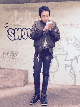 「Alpha Industries（アルファインダストリーズ）のアイテム（ナイロンジャケット）」を使った、Kyle Crowさん（メンズ・170cm）の冬コーディネート