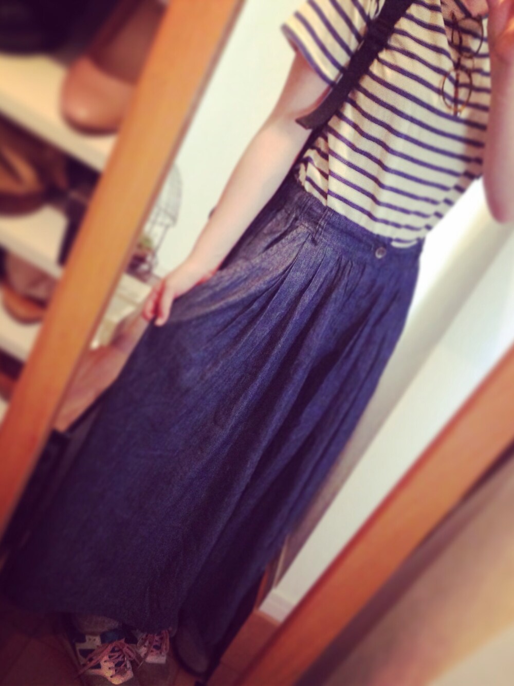 「＃ボーダー、#ニューバランス、#ロングスカート」｜「on the couchのアイテム（Tシャツ/カットソー、ブルー系）」を使った、りろちゃんさん（レディース・167cm）の夏コーディネートの1枚目の写真