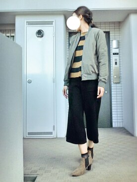 「ボーダーニット」｜「アイテム（ノーカラージャケット）」を使った、ぺるもっちさん（レディース・162cm）の秋コーディネート