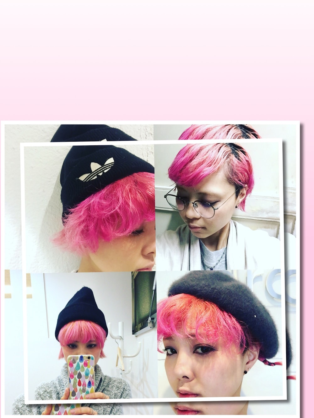 「drop、春、ピンク、hair、アレンジ、ニット帽、ベレー帽、めがね、美容師、ヘアアレンジ」｜「adidasのアイテム（ニットキャップ/ビーニー、ブラック系）」を使った、たら@dropさん（レディース・160cm）の春コーディネートの1枚目の写真