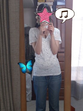 「星柄Tシャツ（Tシャツ/カットソー、ホワイト系）」を使った、315さん（レディース・162cm）の春コーディネート