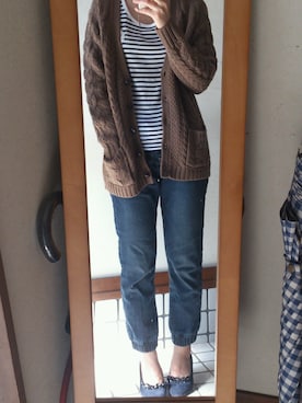 「GU（ジーユー）のケーブルニットカーディガン（トップス、ベージュ系）」を使った、315さん（レディース・162cm）の秋コーディネート