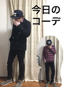 「cheap monday」｜「アイテム（ピーコート）」を使った、おかっぴきさん（メンズ・171cm）の冬コーディネート