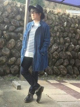 「ツバ広ハット」｜「アイテム（モッズコート）」を使った、おかっぴきさん（メンズ・172cm）の春コーディネート