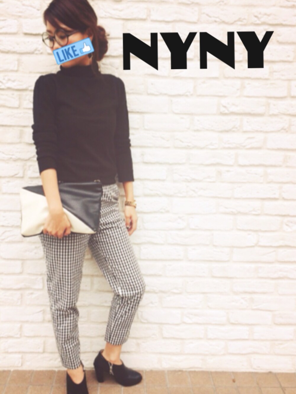 「#チェック、#ブラック、#SLY、#チェックパンツ、#丸メガネ、#タートルネック、#タートルネックニット、#moussy」｜「ZARAのタートルネックニット（ニット/セーター、ブラック系）」を使った、ＮＹＮＹkatsuraさん（レディース・153cm）の秋コーディネートの1枚目の写真