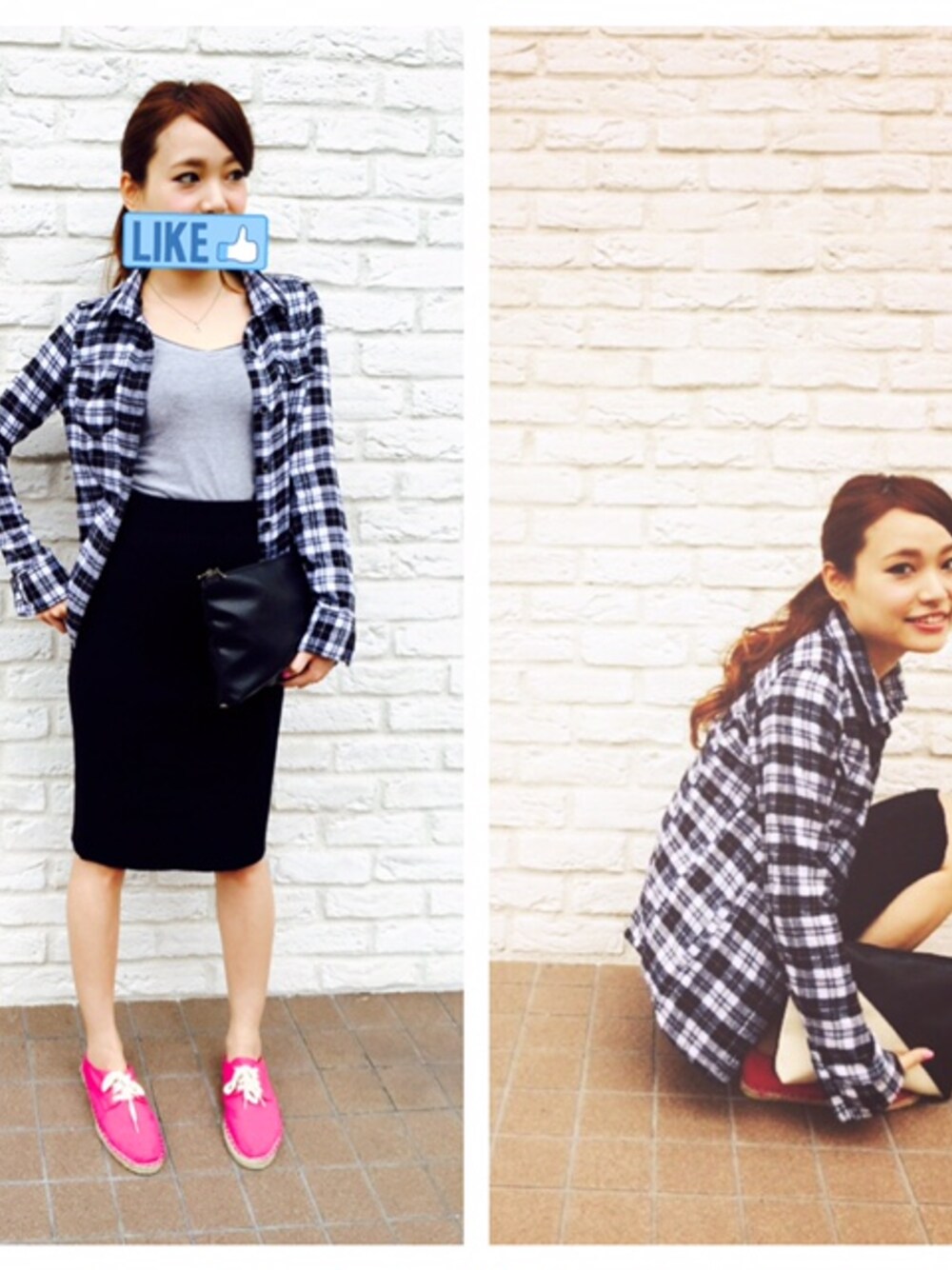 「#クラッチバック、#スニーカー、#ペンシルスカート、#チェックシャツ、#GU、#カジュアル、#moussy、#ポニーテール、#ペタンコ靴、#ザラ」｜「ZARAの半袖Tシャツ（Tシャツ/カットソー、グレー系）」を使った、ＮＹＮＹkatsuraさん（レディース・160cm）の秋コーディネートの1枚目の写真