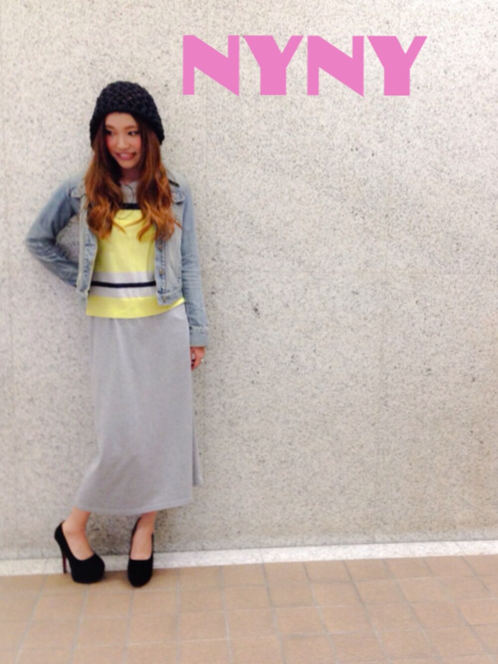 「#古着、#ニット帽、＃デニム、#GU、#ロングスカート、#WEGO、#グレー、#EGOIST」｜「Re:EDITの【ViVi掲載】チェック柄or千鳥柄orバーガンディ柄orレオパード柄♪低反発クッションソール入り+3.5cm前厚インストーム+13cm脚長美脚ピンヒール超厚底パンプス[131120re]（シューズ、ブラック系）」を使った、ＮＹＮＹkatsuraさん（レディース・160cm）の秋コーディネートの1枚目の写真