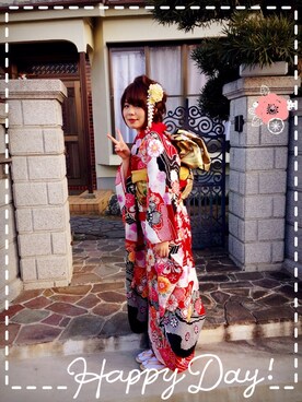 「アイテム（水着/着物・浴衣、レッド系）」を使った、翠（すい）さん（レディース・158cm）の冬コーディネート