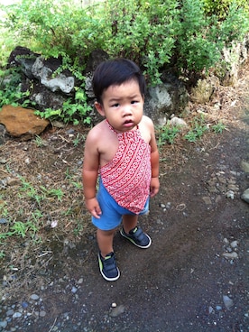 「アイテム（水着/着物・浴衣、レッド系）」を使った、sumiさん（キッズ・90cm）の夏コーディネート