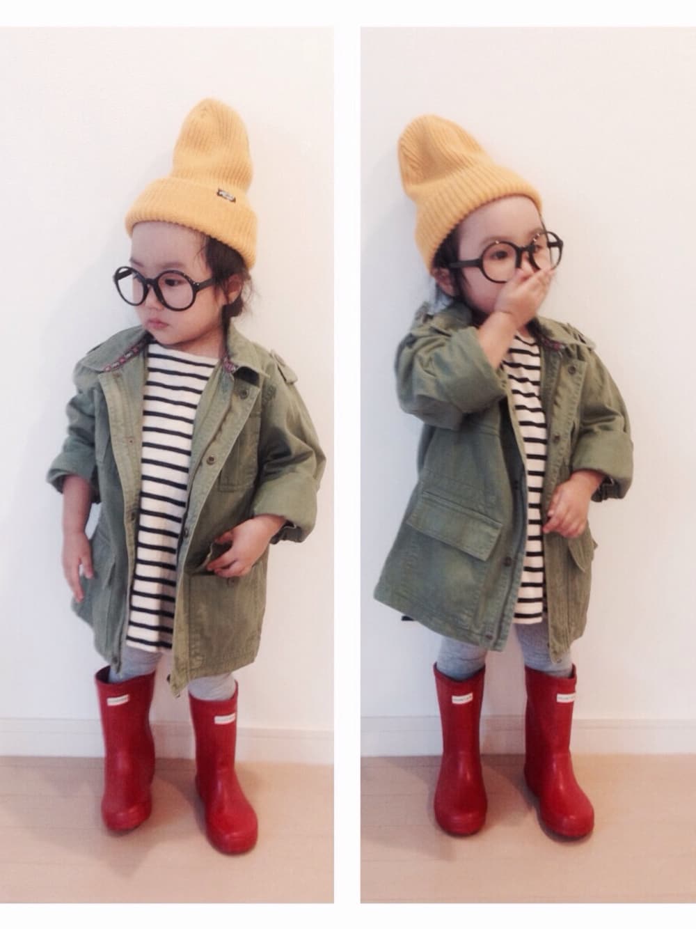 「ミリタリージャケット、レインブーツ、kids、カラータイツ、ロングシャツ、WEAR展覧会、ニット帽」｜「ボクも入れて♡の撮ってると必ず入って来る僕ちん(´艸｀)*（その他、その他）」を使った、BETTONさん（キッズ・90cm）の秋コーディネートの1枚目の写真
