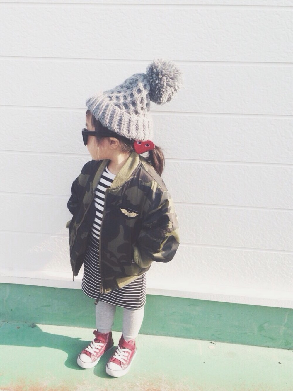 「kids、ダウンコート、柄×柄、カモフラ×ボーダー、ボーダー×ボーダー、2014年、ラストWEAR」｜「Birthdayのsize110をリメイク♡（スカート、ブラック系）」を使った、BETTONさん（キッズ・100cm）の冬コーディネートの1枚目の写真
