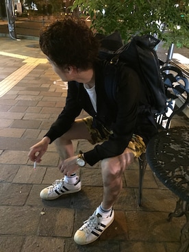 「MISSIONWORKSHOP（ミッションワークショップ）のアイテム（Backpack、ブルー系）」を使った、食べちゃうぞおさん（レディース）の秋コーディネート