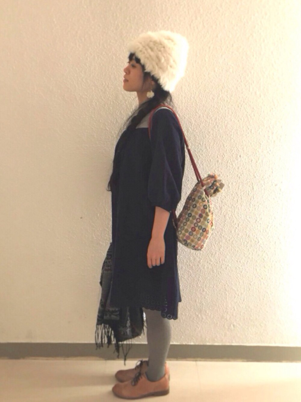 「ワンピース、秋のコーデ、regal、handmade、Spick & Span(Spick & Span)、piccin、ショルダーリュック」｜「Spick & Spanのワンピース（ワンピース、ブルー系）」を使った、chaさん（レディース・153cm）の秋コーディネートの1枚目の写真