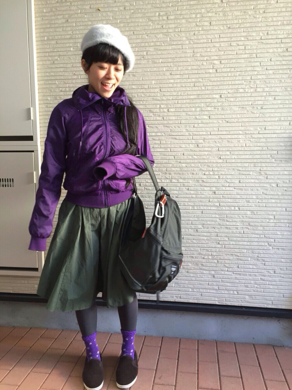 「ベレー帽、marimekko、カーキ、Heather、秋冬、HANSEL & GRETEL、Nostalgic Garage」｜「HANSEL & GRETELのカーキスカート（スカート、グリーン系）」を使った、chaさん（レディース・153cm）の秋コーディネートの1枚目の写真