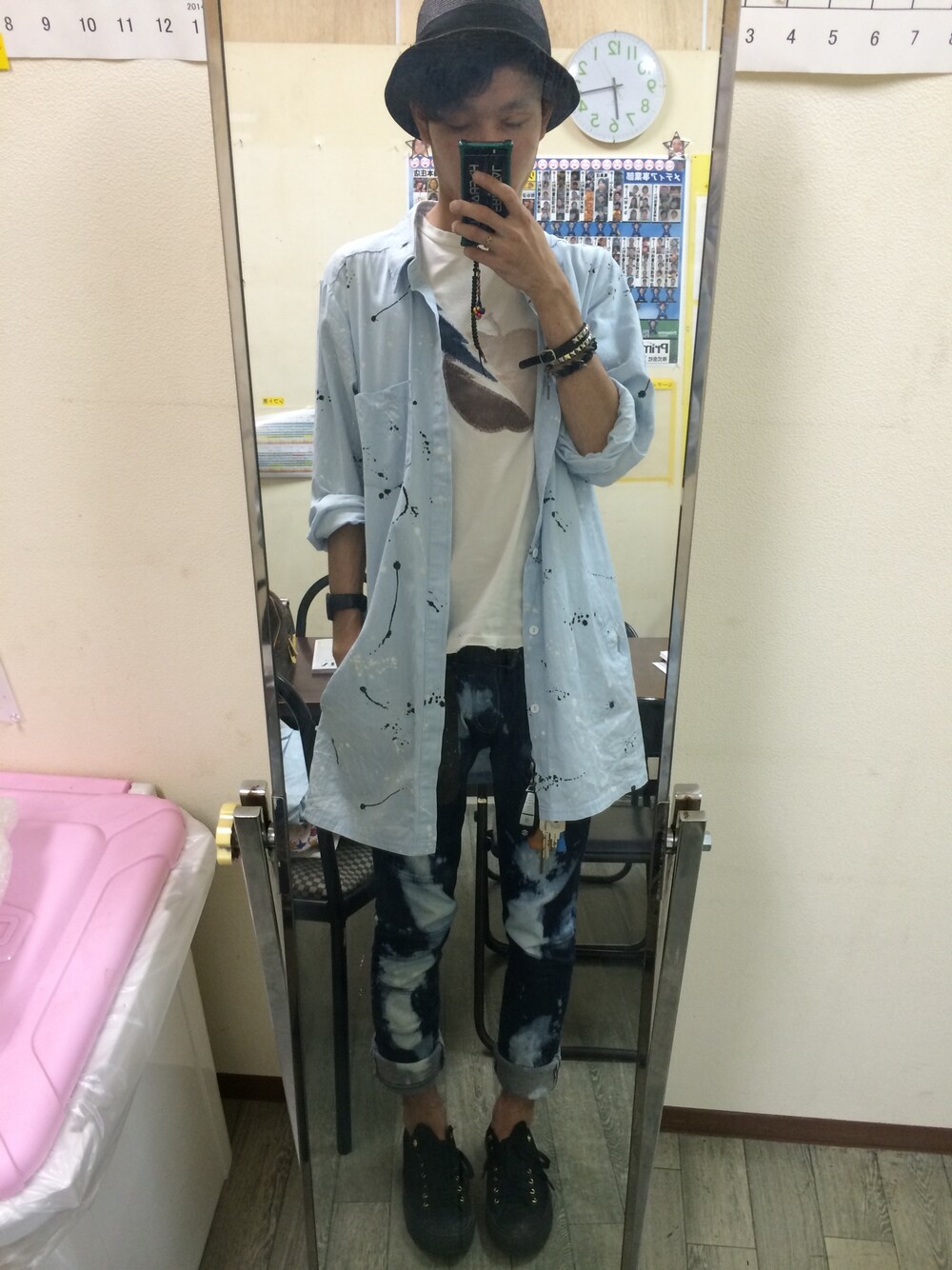 「REMI RELIEF、CA4LA、converse、SHAREEF、JAM HOME MADE、yaponskii」｜「SHAREEFのアイテム（デニムパンツ、ブルー系）」を使った、N△G△NEGIさん（メンズ・178cm）の夏コーディネートの1枚目の写真