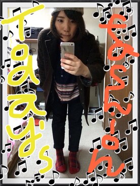 「赤チェック」｜「アイテム（チェスターコート）」を使った、ゆかさん（レディース・157cm）の冬コーディネート
