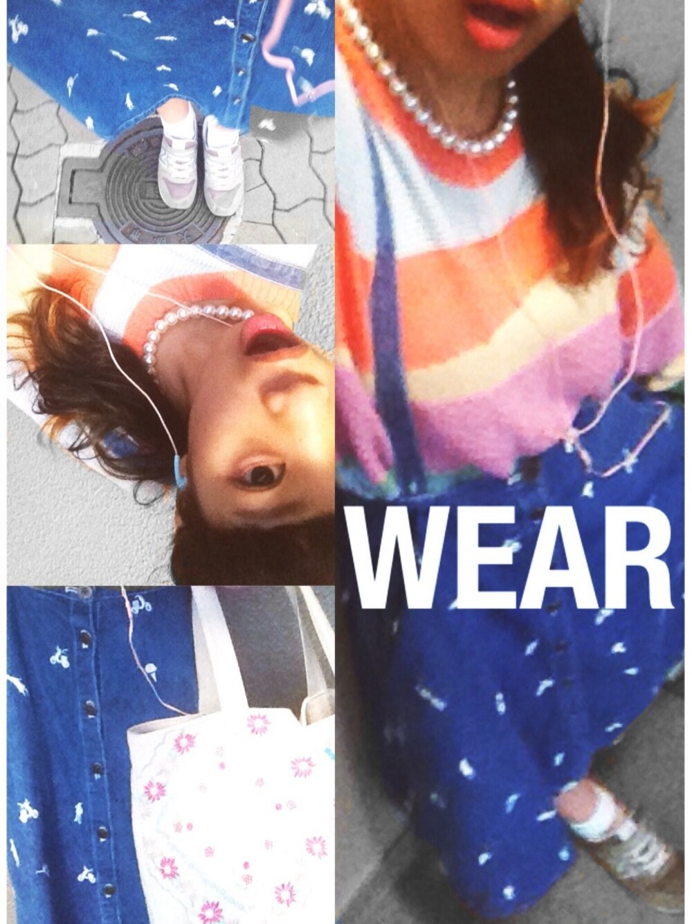 デニムスカート、グレー系のスニーカー、ホワイト系のファッション雑貨を着用したレディースの春コーディネートの1枚目の写真