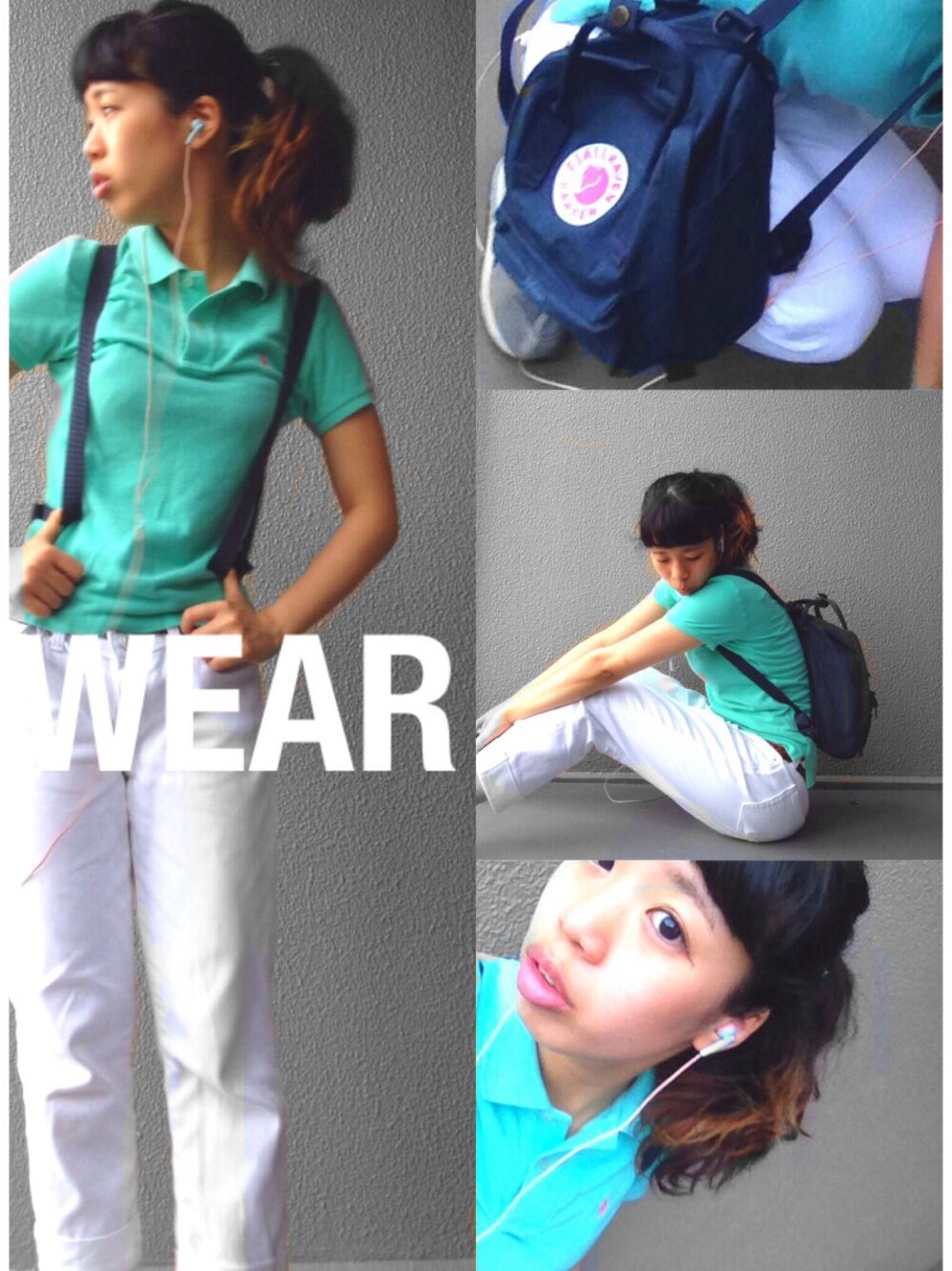 ブルー系のバックパック/リュック、グレー系のスニーカーを着用したレディースの夏コーディネートの1枚目の写真