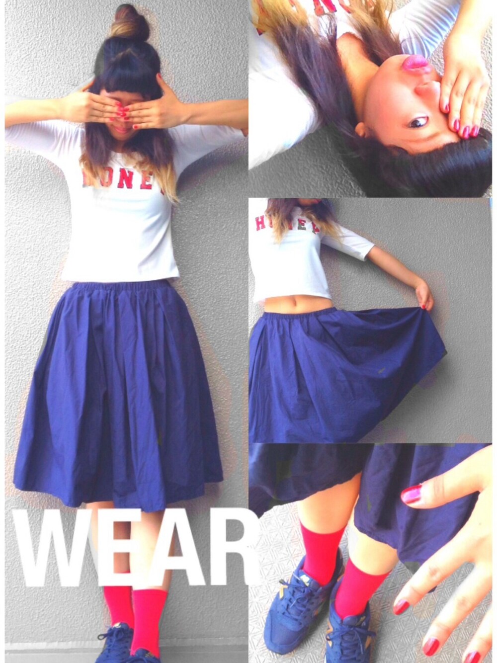 ホワイト系のTシャツ/カットソー、ブルー系のスニーカーを着用したレディースの夏コーディネートの1枚目の写真