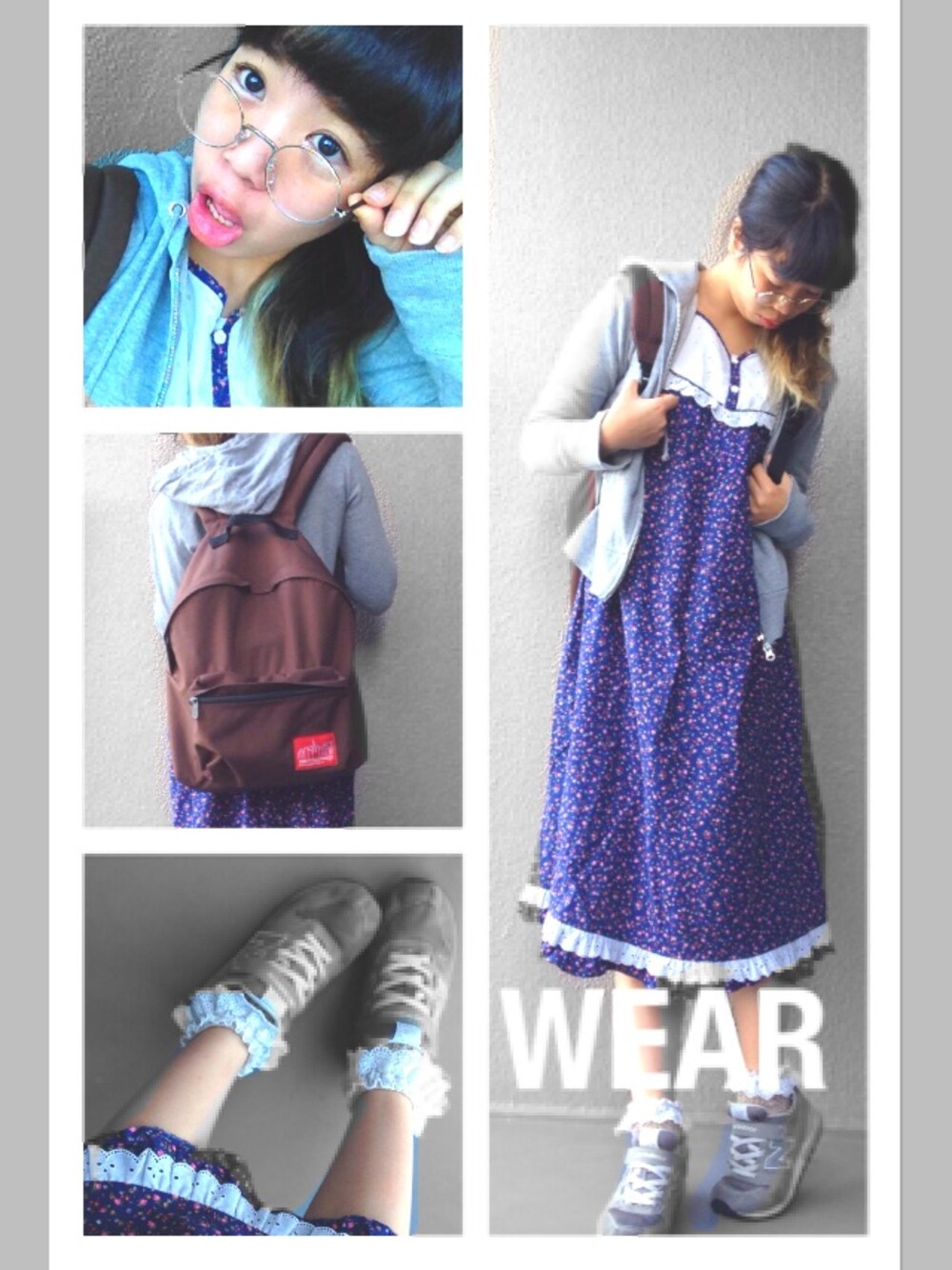 グレー系のスニーカー、ブラウン系のバックパック/リュックを着用したレディースの秋コーディネートの1枚目の写真