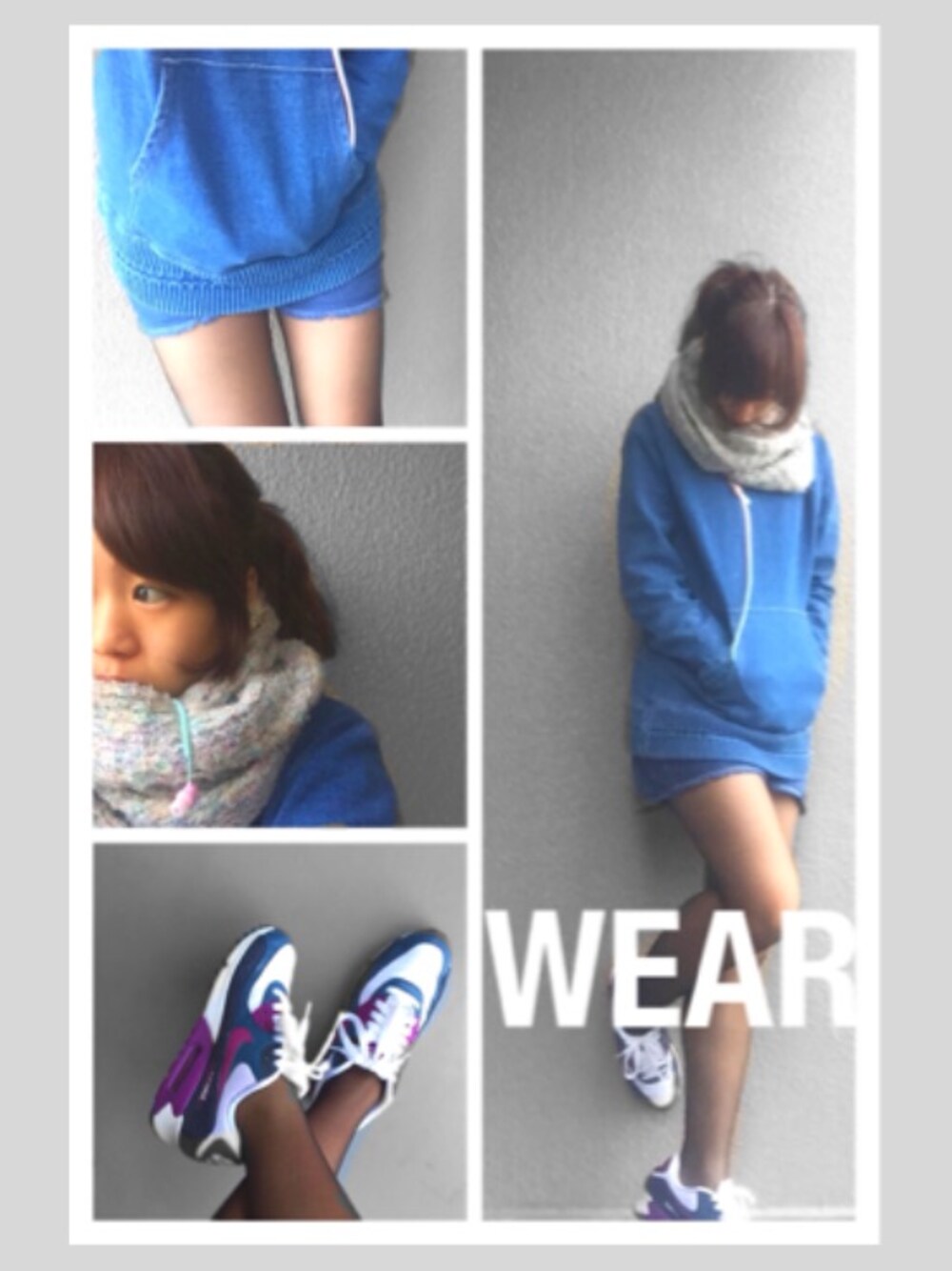 ブルー系のパーカー、パープル系のスニーカー、ブラウン系のバックパック/リュックを着用したレディースの秋コーディネートの1枚目の写真