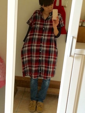 「アイテム（シャツワンピース、レッド系）」を使った、Linenさん（レディース・160cm）の夏コーディネート