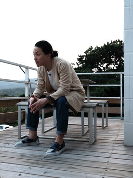 「 ラクチンコーデ」｜「アイテム（ノーカラージャケット）」を使った、衛千迅さん（メンズ・166cm）の春コーディネート