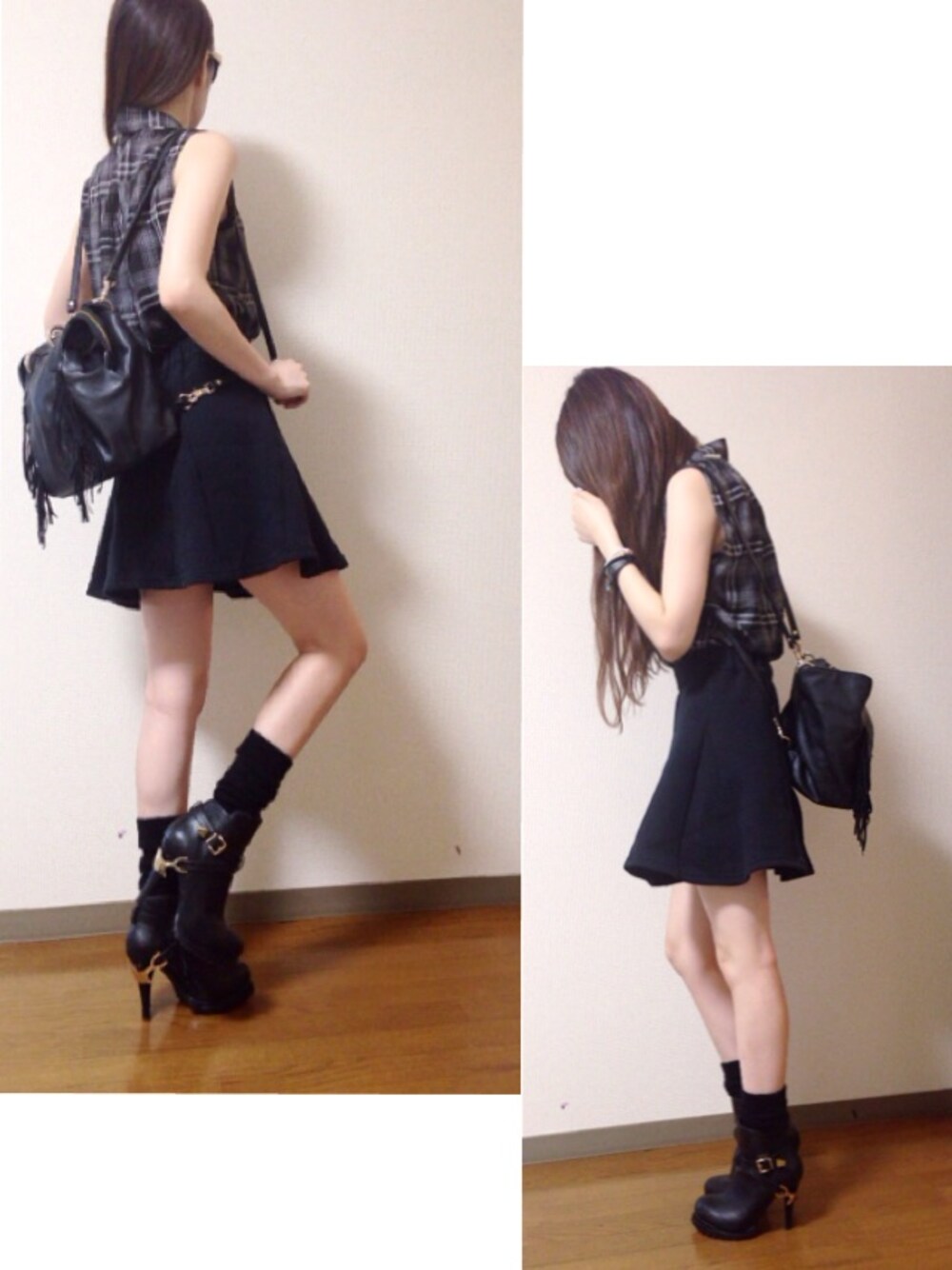 ブラック系のシャツ/ブラウス、ブラック系のスカート、グレー系のカーディガン/ボレロを着用したレディースの秋コーディネートの1枚目の写真