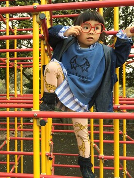 「Mini Rodini（ミニロディーニ）のアイテム（レッグウェア）」を使った、uki-ukiさん（キッズ・100cm）の夏コーディネート